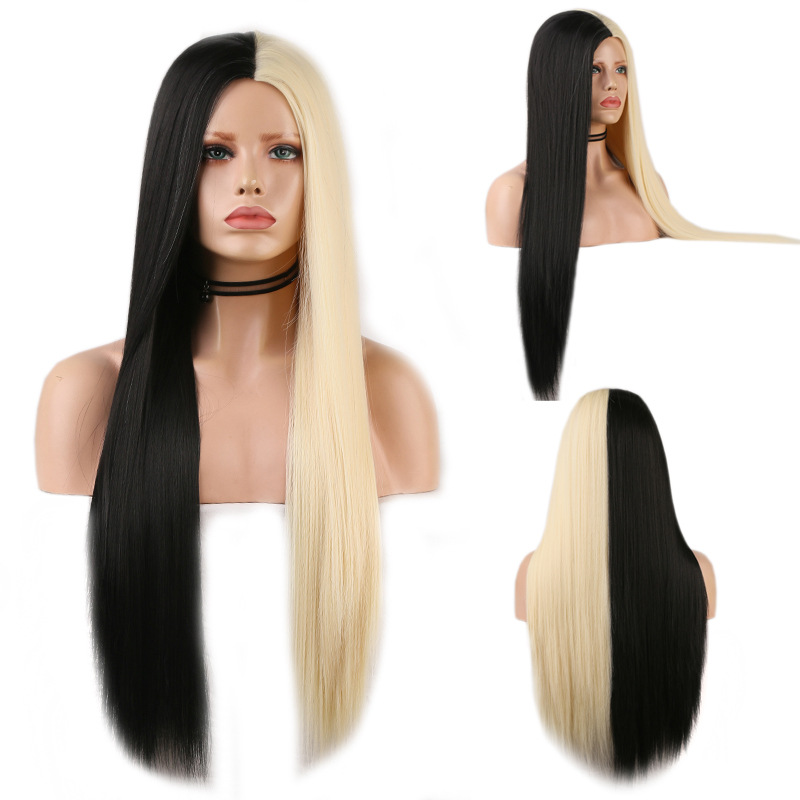 Black And White Two-tone Long Straight Hair High Temperature Silk Machine Wig — foto 4