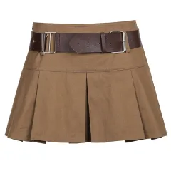 Khaki With Belt High Waist Short Skirt Pleated Skirt - Khaki - View 1