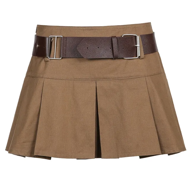 Khaki With Belt High Waist Short Skirt Pleated Skirt Khaki - Shop at LoveMi