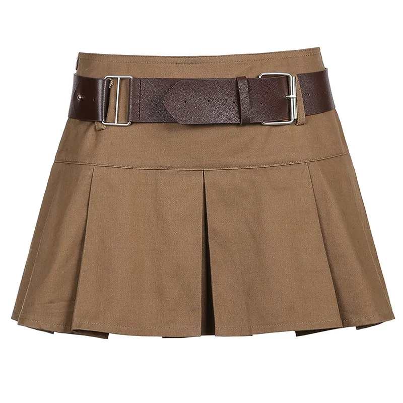 Khaki With Belt High Waist Short Skirt Pleated Skirt - Khaki