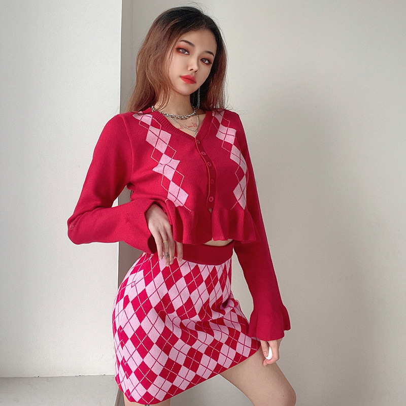 College Style Diamond Lattice Woolen Fashion Suit Female Ruffle
