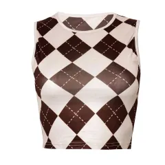 Round Neck Sleeveless Cocktail Plaid Printed Casual T-Shirt - View 1