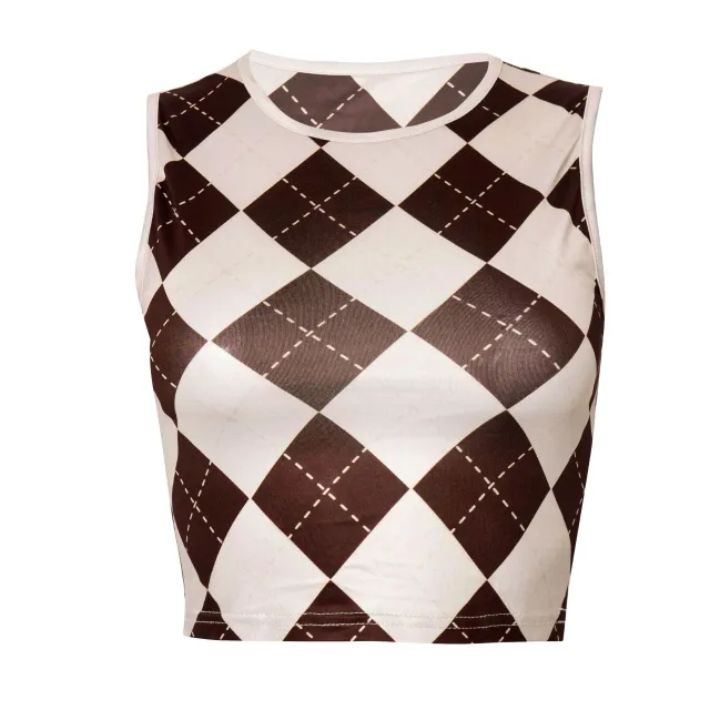 Round Neck Sleeveless Cocktail Plaid Printed Casual T Shirt - Shop at LoveMi