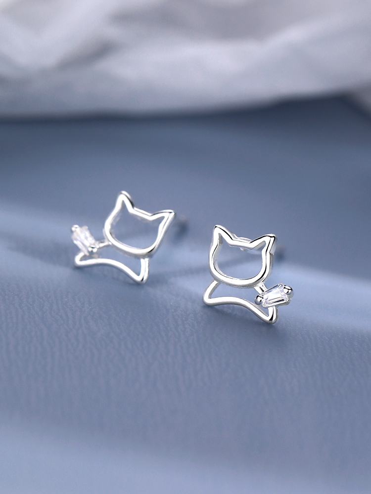 925 Sterling Silver Hollow Cat Earrings