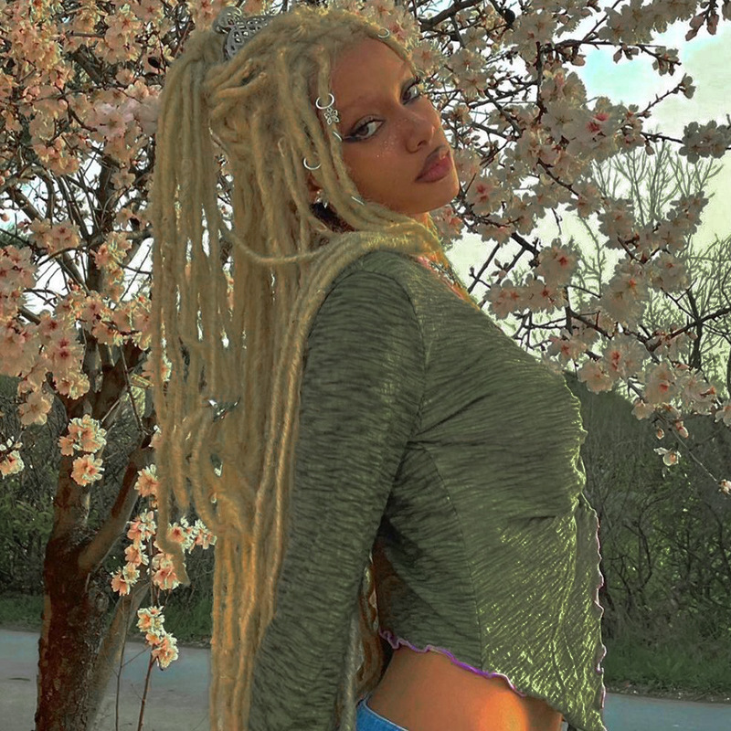 Summer V-neck Pullover Print Long-sleeved Thin Female T-Shirt With Umbilical Ears