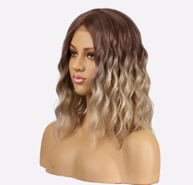 Wig Ladies Short Curly Hair Headgear Front Lace Wig Hair Cover Mixed Gold - Shop at LoveMi
