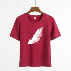 Short Sleeve Feather Cartoon - Wine Red - View 1