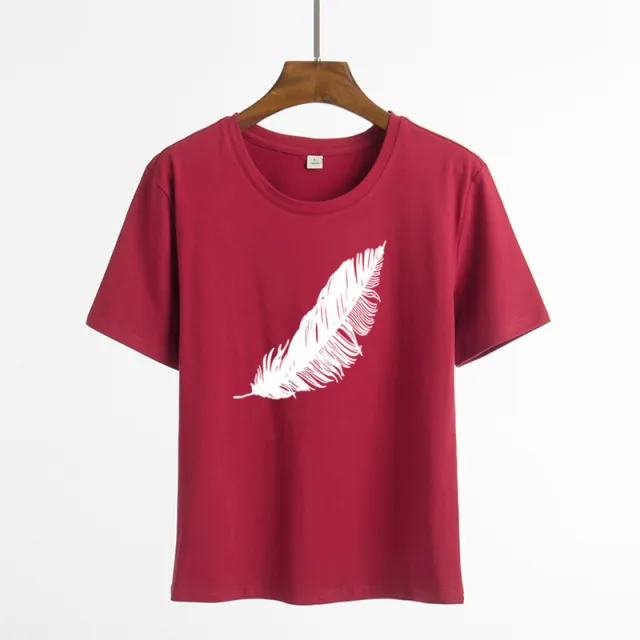 Short Sleeve Feather Cartoon Wine Red - Shop at LoveMi