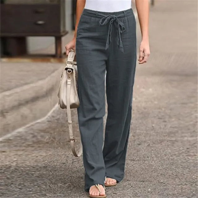 Elastic Waist Solid Color Cotton And Linen Wide leg Pants Loose Trousers Gray - Shop at LoveMi