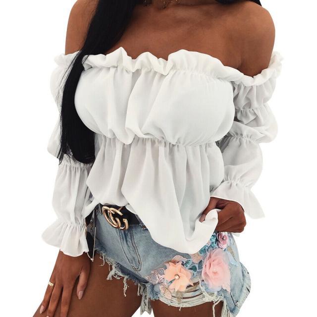 One Shoulder Solid Color Waist Chiffon Shirt