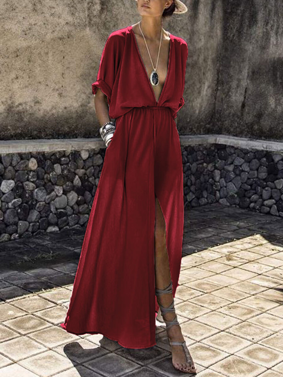 deep V  split fork dress long dress