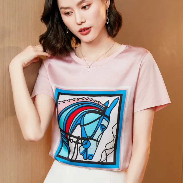 Silk Women's Short sleeved Printed Silk Round Neck All match S - Shop at LoveMi