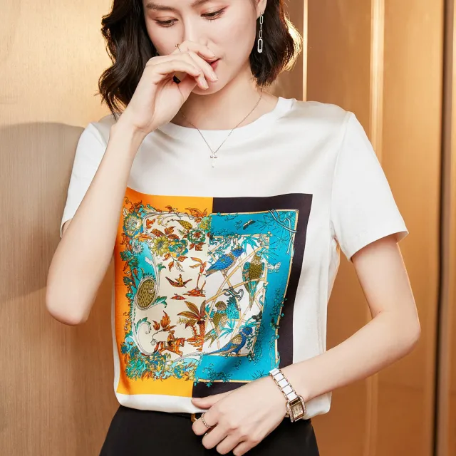 Silk Women's Short sleeved Printed Silk Round Neck All match 2Xl 2Coler - Shop at LoveMi