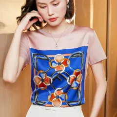 Silk Women's Short-sleeved Printed Silk Round Neck All-match - L-9Coler - View 1