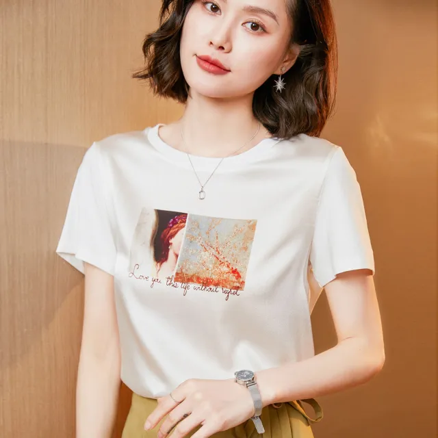 Silk Women's Short sleeved Printed Silk Round Neck All match 2Xl 14Coler - Shop at LoveMi