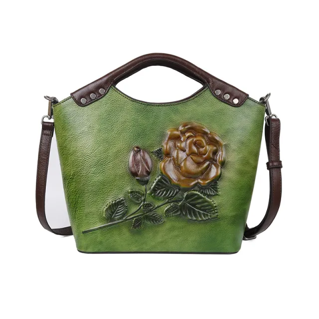 New Three dimensional Embossed Rose Flower Head Layer Cowhide Handbags Rose - Shop at LoveMi