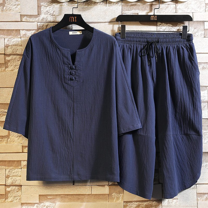 Fat Men's Trend Chinese Style Men's Suit Summer Linen Breathable V-neck Short-sleeved T-shirt Men's Loose Cotton