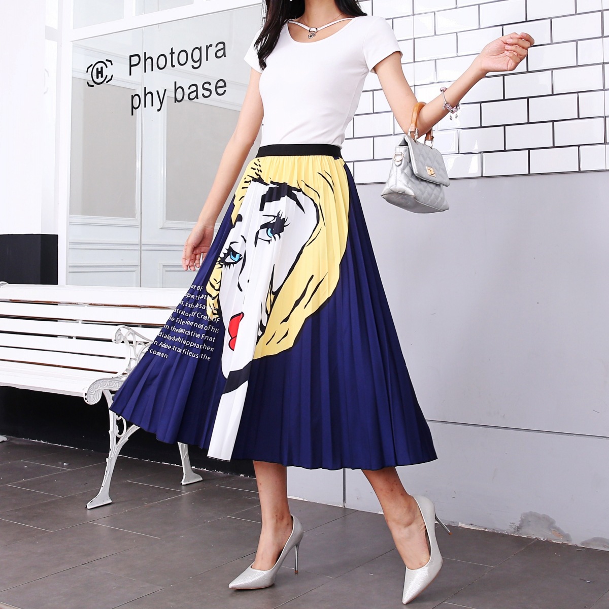 Elastic Waist Pleated Skirt Printed Mid-length Skirt Pleated