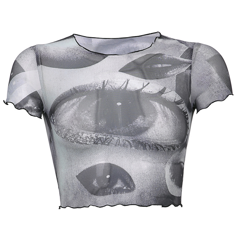 Title 7, Net Gauze Big Eyes Printed Wood Ear Short Crop ...