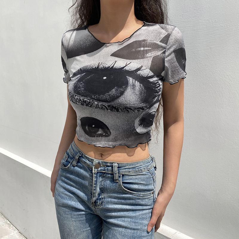 Title 4, Net Gauze Big Eyes Printed Wood Ear Short Crop ...