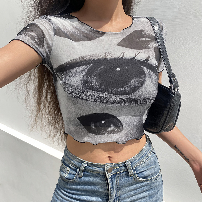 Title 2, Net Gauze Big Eyes Printed Wood Ear Short Crop ...