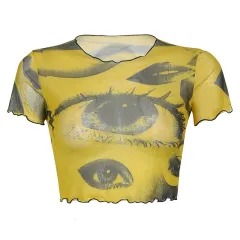 Net Gauze Big Eyes Printed Wood Ear Short Crop Top T-shirt - Yellow - View 1