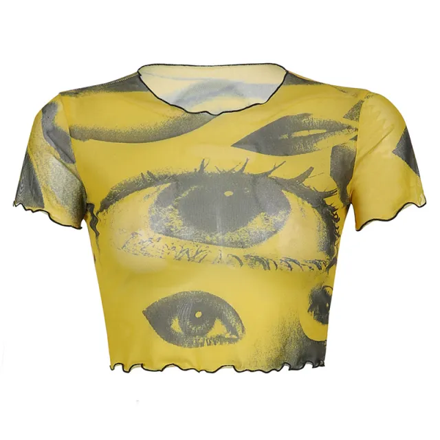 Net Gauze Big Eyes Printed Wood Ear Short Crop Top T shirt Yellow - Shop at LoveMi