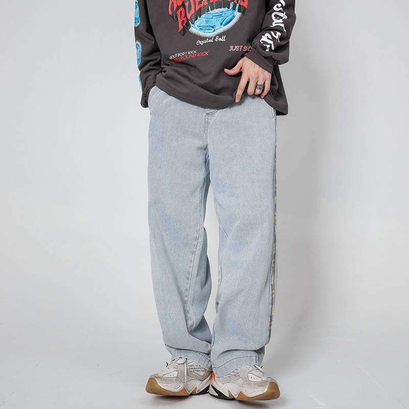 Side Striped Jeans Men's Straight-leg Pants Trendy Trousers