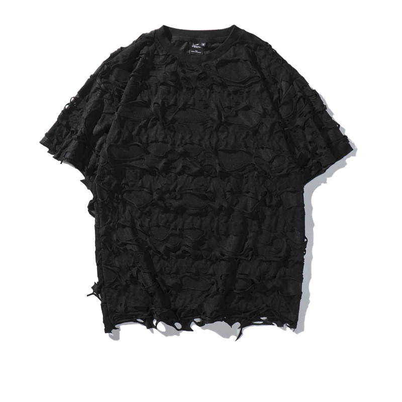Street Ripped Gauze Short-sleeved T-shirt Loose Nightclub Perspective Outfit