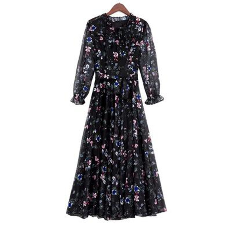 Long-sleeved Floral Chiffon Super Fairy Waist Beach Big Swing Dress