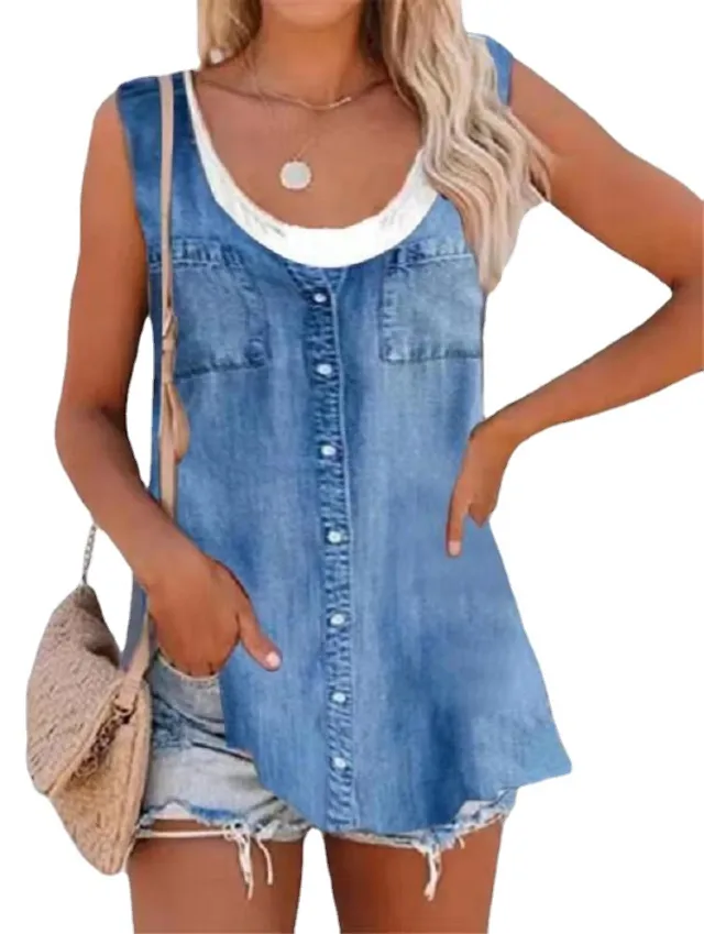 Loose Fake Two piece Printed Casual Top Light Blue - Shop at LoveMi