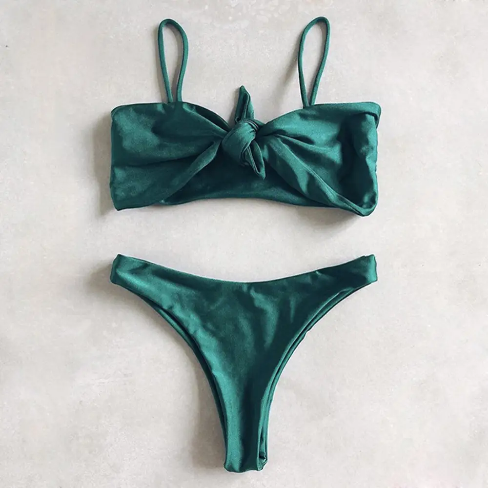 Pure Color Bikini Strap And Bow Split Swimsuit