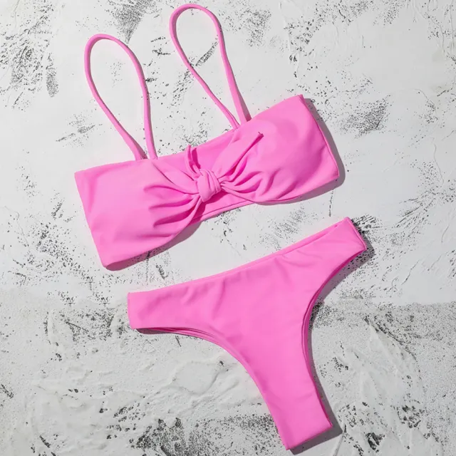 Pure Color Bikini Strap And Bow Split Swimsuit Pink - Shop at LoveMi
