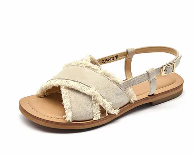 Flat Shoes Leather Cross Simple Ladies Roman Sandals Beach Casual Women's Shoes Apricot - Shop at LoveMi
