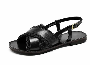 Flat Shoes Leather Cross Simple Ladies Roman Sandals Beach Casual Women's Shoes - Black