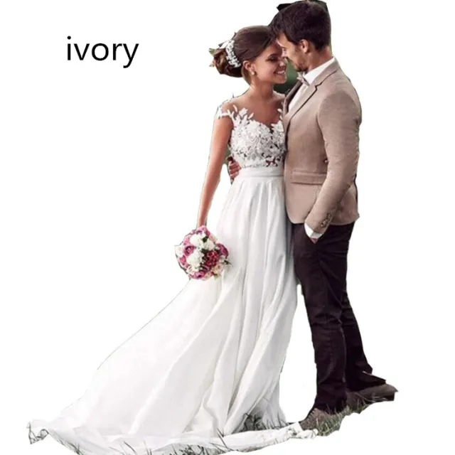 Retro Lace Shoulder Chiffon Slim Bridal Wedding Dress Ivory - Shop at LoveMi