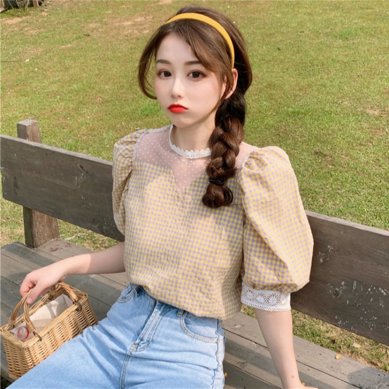 Stitching Mesh Puff Sleeve Plaid Shirt Women