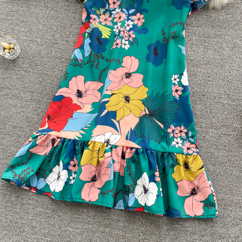 Short-sleeved Dress Printed Sweet Ruffled Holiday Skirt