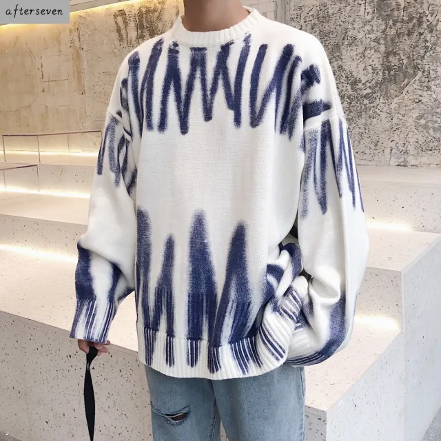 White Spray dyed Loose Pullover Sweater Early Autumn White - Shop at LoveMi