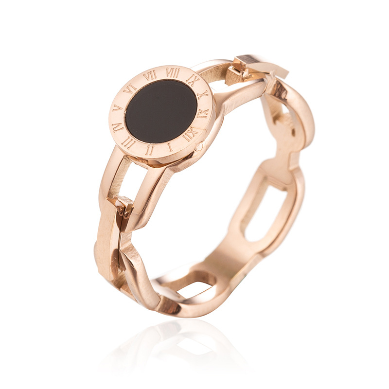Openwork Roman Numerals Black Round Rose Gold Ring