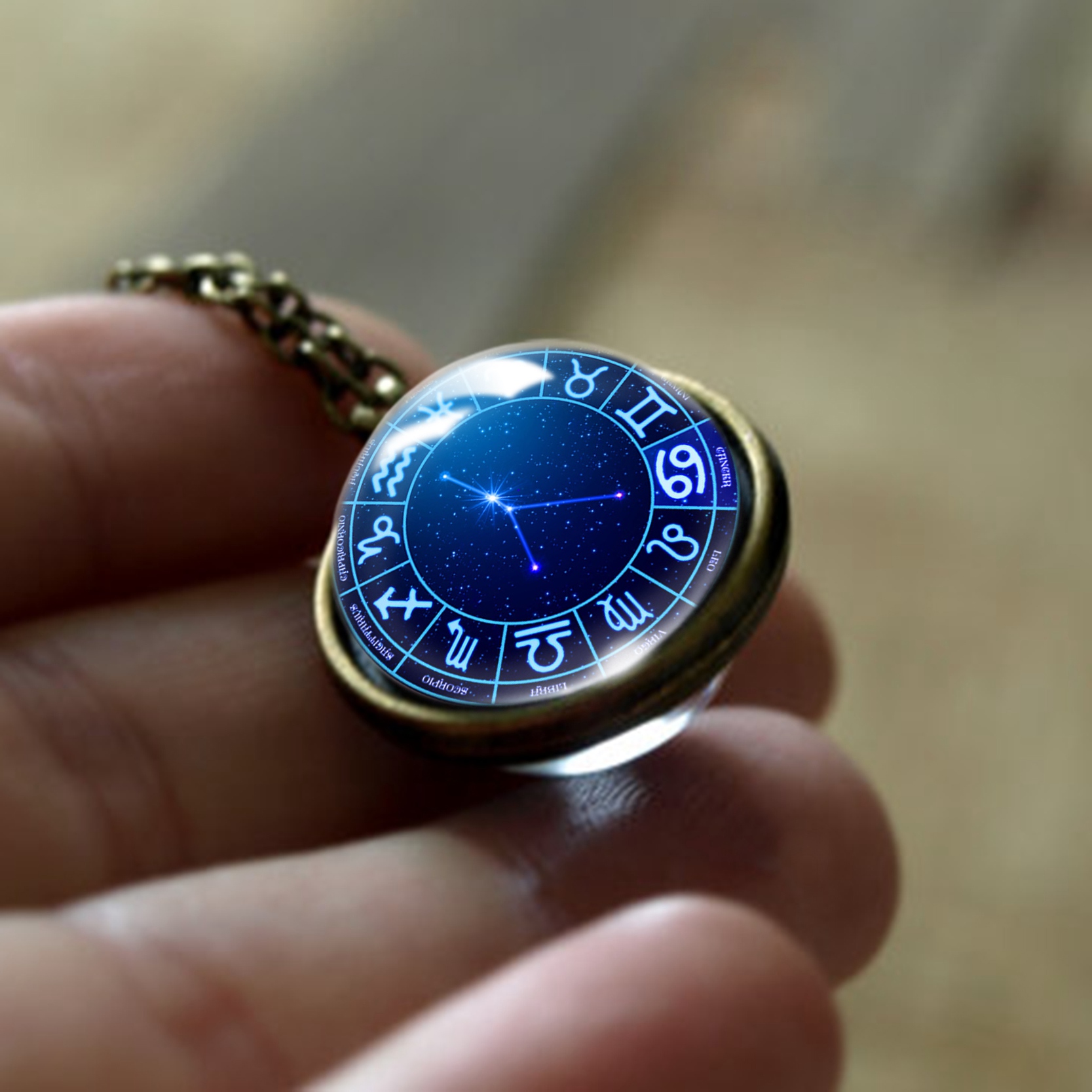 Zodiac 12 Constellation Double Sided Glass Ball Pendant Necklace Copper