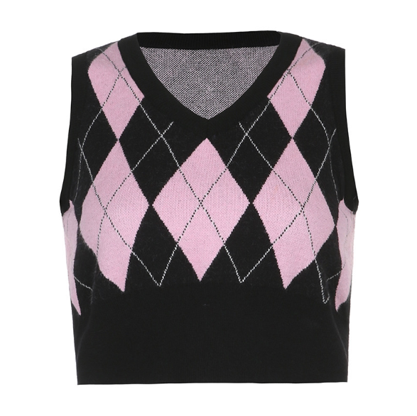 Title 2, Argyle Plaid Knitted Tank Top V Neck Women Swea...