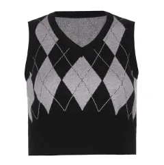 Argyle Plaid Knitted Tank Top V Neck Women Sweater Vest 90s - Black - View 1