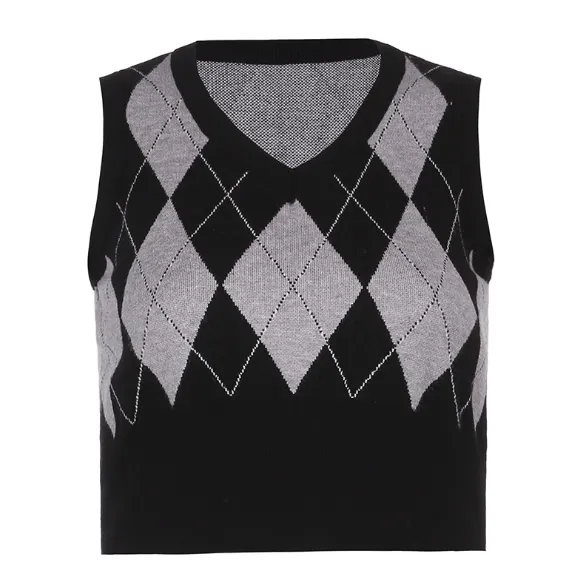 Argyle Plaid Knitted Tank Top V Neck Women Sweater Vest 90s Black - Shop at LoveMi