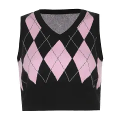 Argyle Plaid Knitted Tank Top V Neck Women Sweater Vest 90s - Tan - View 1