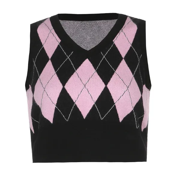 Argyle Plaid Knitted Tank Top V Neck Women Sweater Vest 90s Pink - Shop at LoveMi
