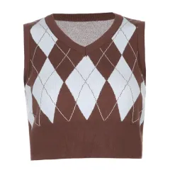 Argyle Plaid Knitted Tank Top V Neck Women Sweater Vest 90s - Blue - View 1