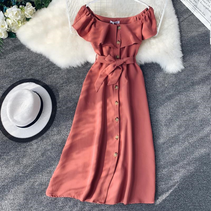 Buttoned One-neck Strappy Dress With Off-the-shoulder Waistband