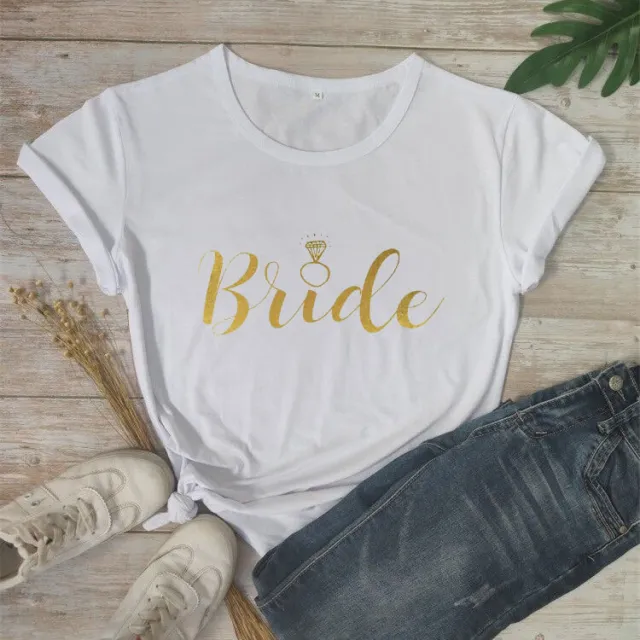 Foreign Trade T Shirt Bride Squad Bride Diamond Type, Fashionable Short sleeved Letter T Shirt Whitegold - Shop at LoveMi
