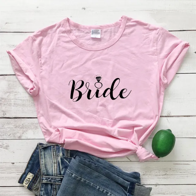 Foreign Trade T Shirt Bride Squad Bride Diamond Type, Fashionable Short sleeved Letter T Shirt Pink And Black - Shop at LoveMi